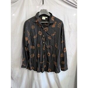 Vintage TravelSmith Black Tan Pattern Button Up Top Large L Womens